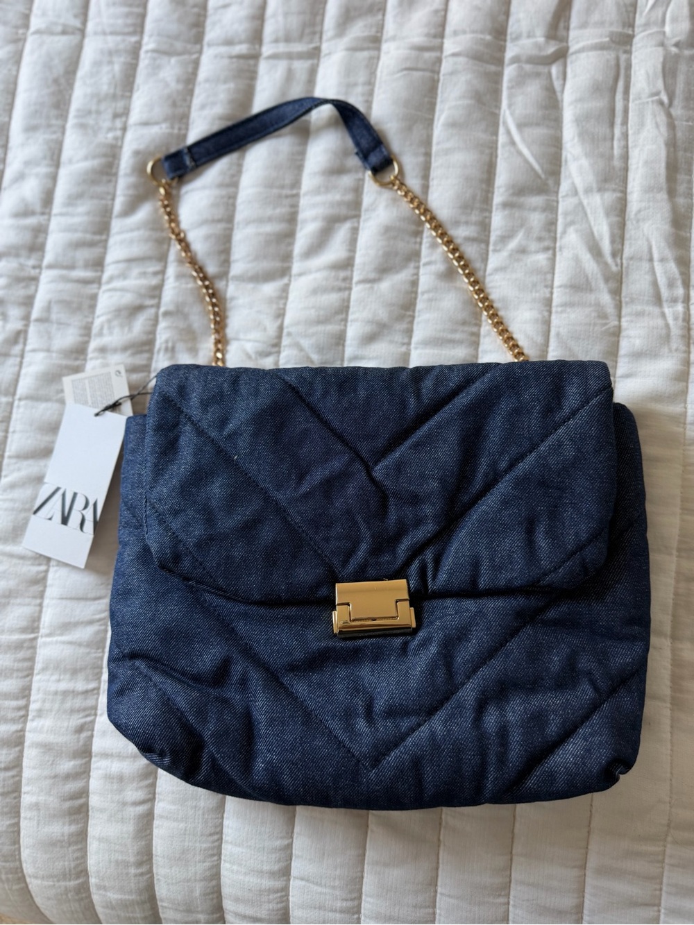 ZARA Quilted Denim Crossbody Bag with Gold Chain - Navy